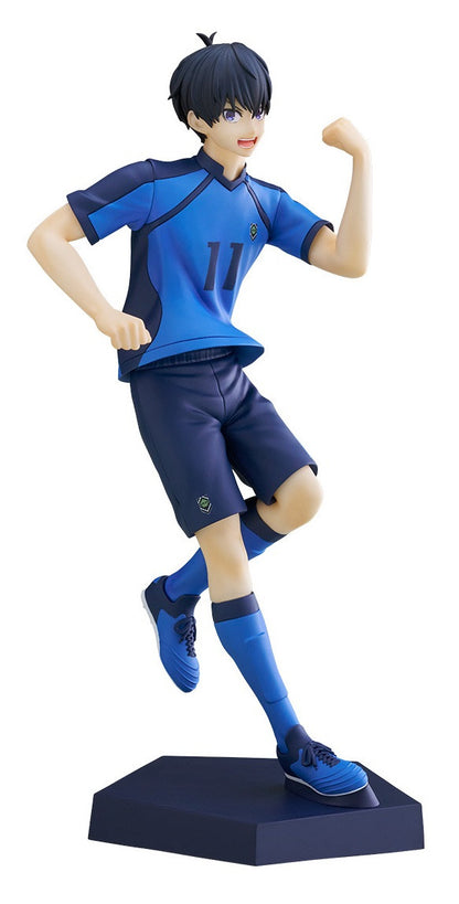 Action figure of a young man in a blue and navy soccer uniform with number 11 standing on a navy base