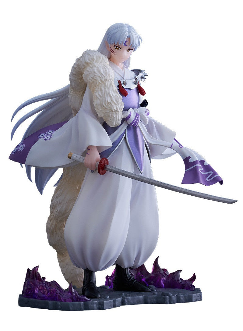 Inuyasha Tenitol Sesshomaru figure holding his sword in front of a rocky base with purple energy effect