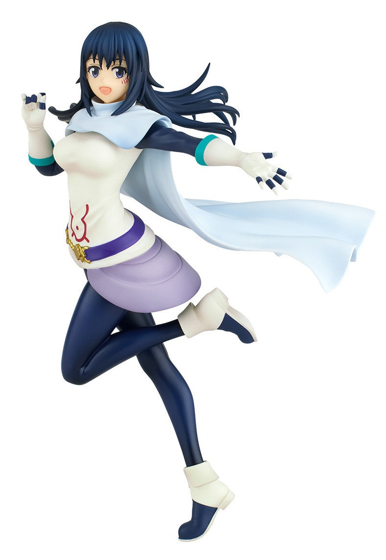 Figure of a girl with dark blue hair wearing a white tunic purple skirt and a light blue scarf posed mid-stride with outstretched arms