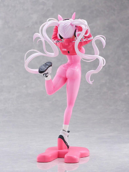 Tenitol Alice figure from Goddess of Victory Nikke wearing a pink bodysuit and jacket posing on a pink base rear view