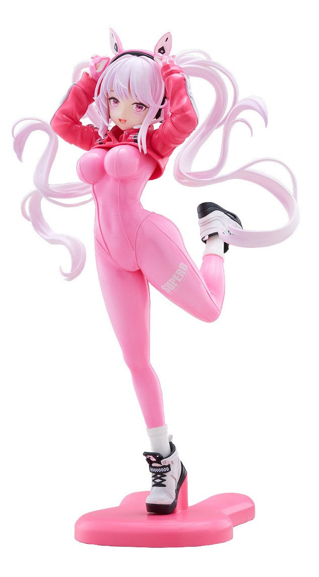 Goddess of Victory Nikke Tenitol Alice figure in pink tracksuit with long flowing white hair and bunny ear headphones