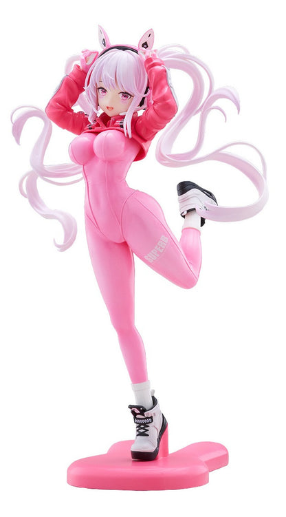 Goddess of Victory Nikke Tenitol Alice figure in pink tracksuit with long flowing white hair and bunny ear headphones
