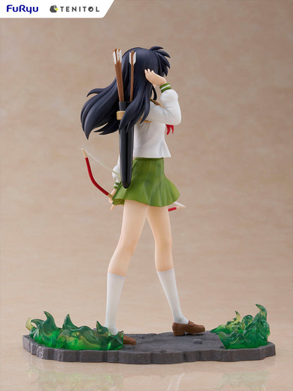 Anime figure of Kagome Higurashi in a school uniform, with a bow and quiver, walking and shading her eyes.