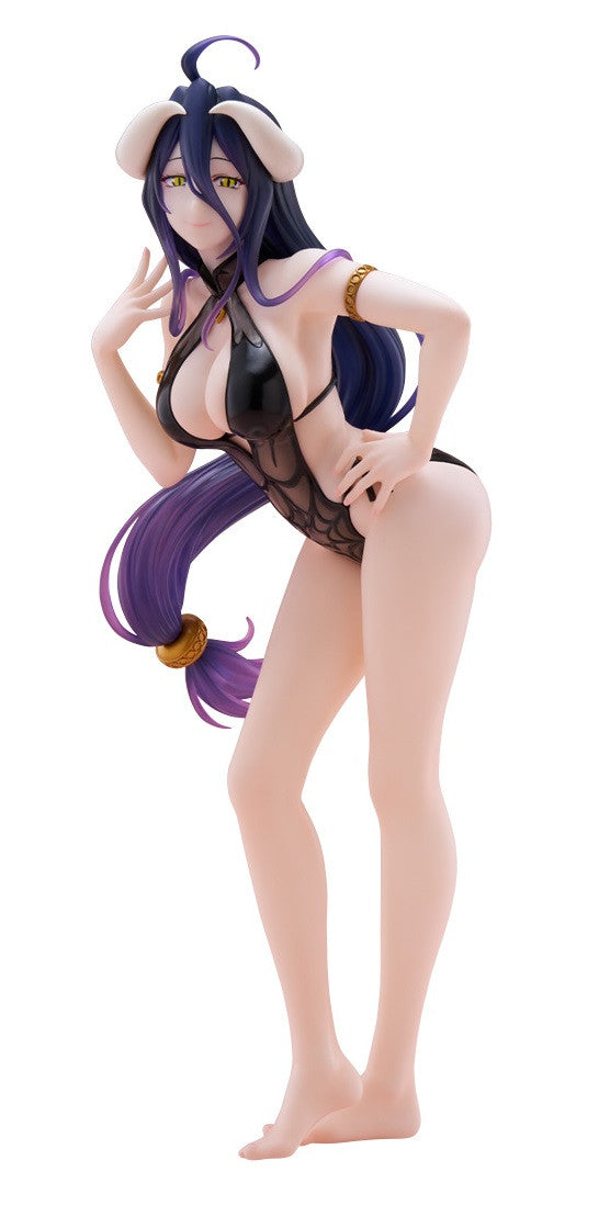 Albedo figure with horns and dark purple hair in a black spiderweb swimsuit, striking a pose