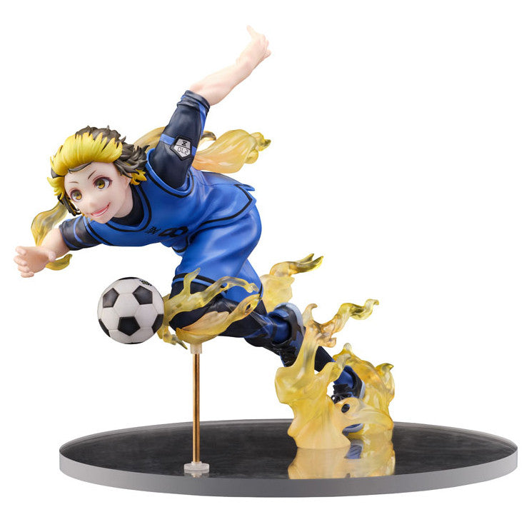 Yoichi Isagi Blue Lock figure in action pose with soccer ball and translucent yellow flames
