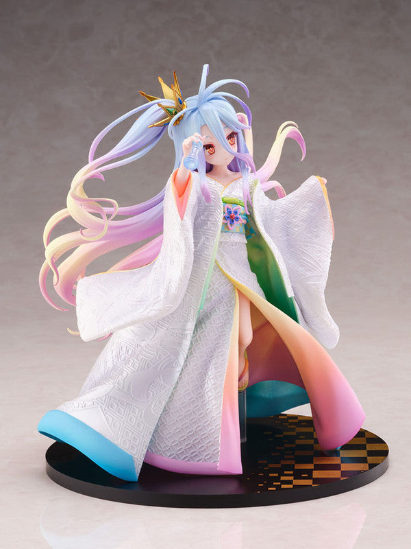 Close-up of Shiro’s face with colorful hair and ornate wedding headpiece