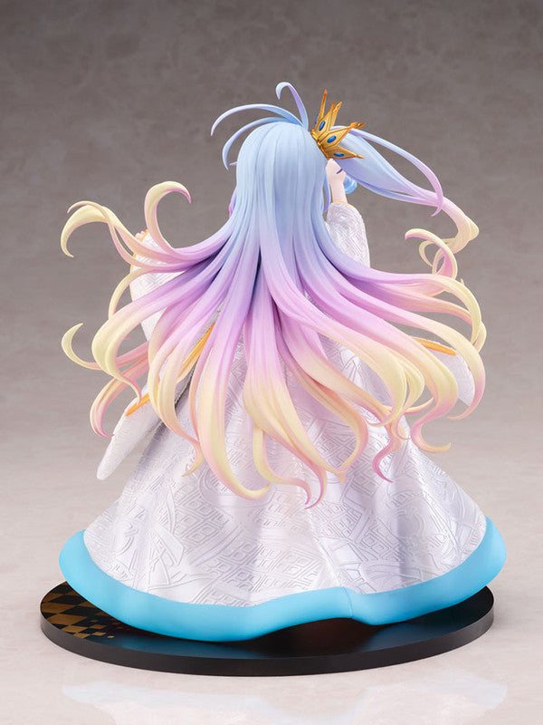 Back view of Shiro figure highlighting flowing multicolored hair and kimono design