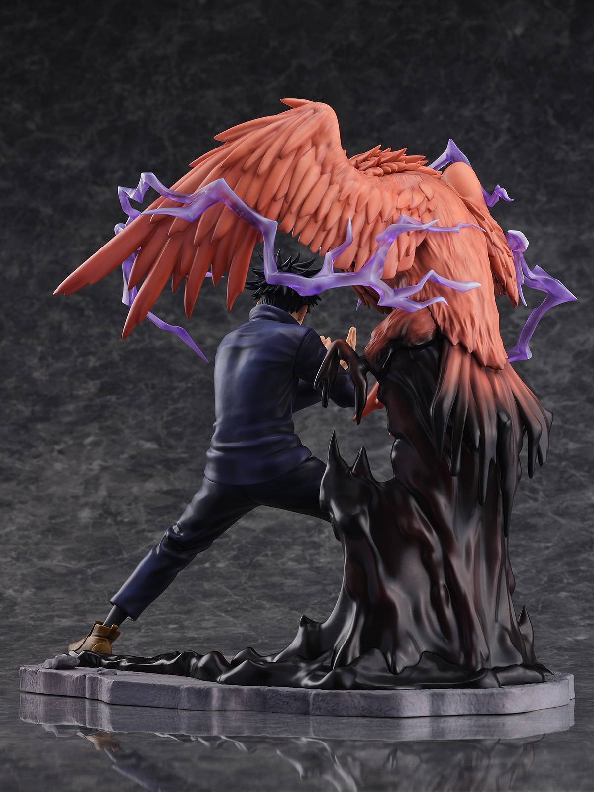 Jujutsu Kaisen Megumi Fushiguro figure battling an orange winged shikigami surrounded by purple lightning
