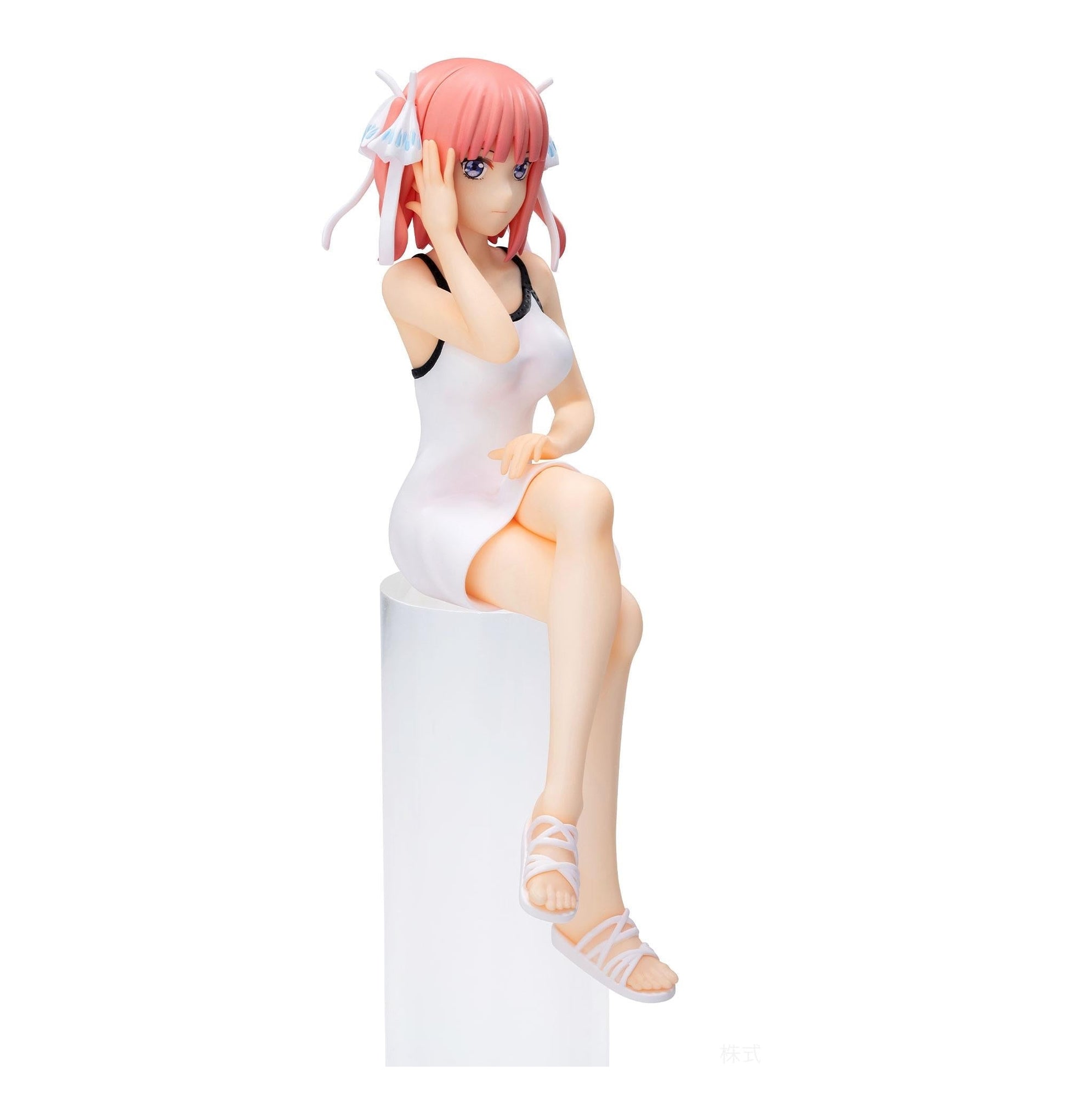 The Quintessential Quintuplets Movie PM Perching Figure Nino Nakano sitting on a white pedestal wearing a white summer dress and white sandals with pink hair styled with white bows