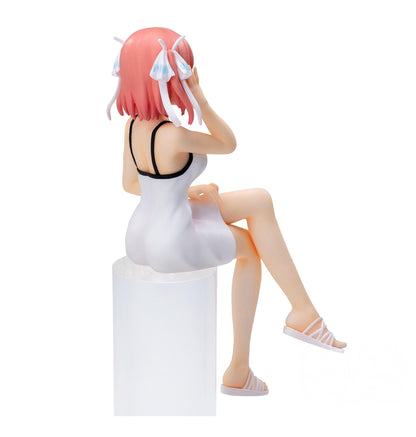 The Quintessential Quintuplets movie PM perching figure Nino Nakano in a white swimsuit dress with black straps seated on a clear cylinder showing white sandals