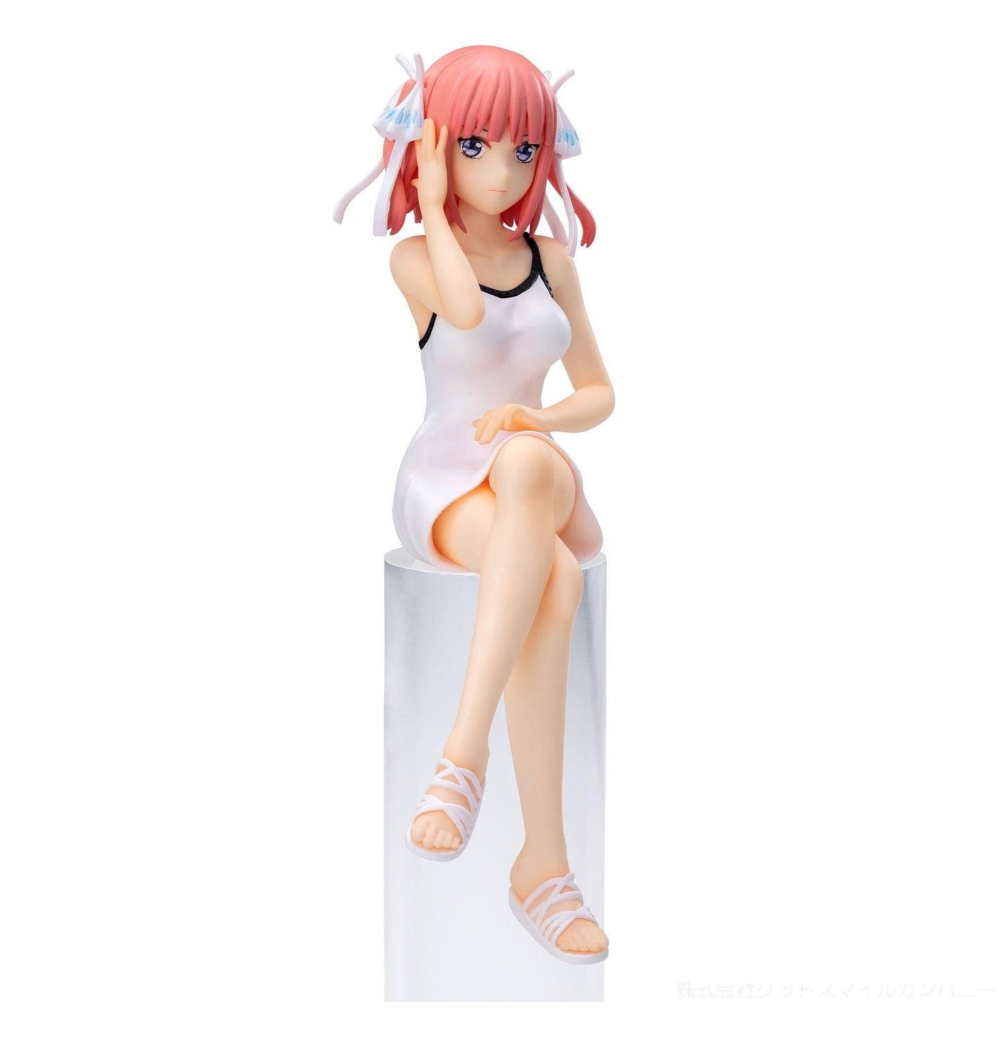 The Quintessential Quintuplets Movie PM Perching Figure of Nino Nakano sitting on a clear cylindrical stand wearing a white tank top dress with a black trim and white sandals