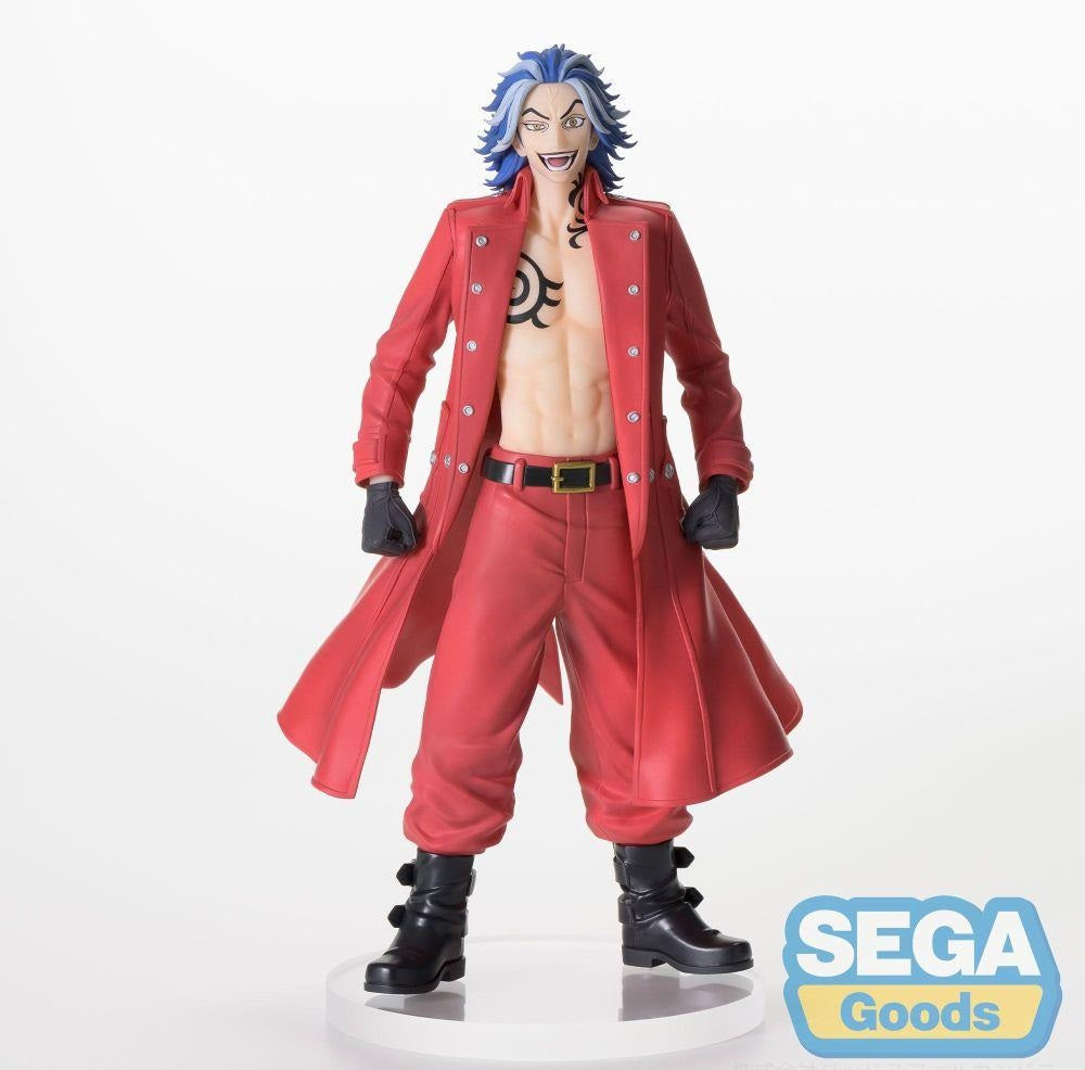 Figure of anime character in open red coat, red pants, and black boots. Blue hair, chest tattoo, and grinning face
