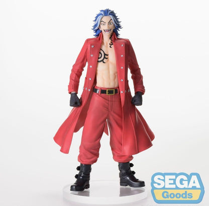 Figure of anime character in open red coat, red pants, and black boots. Blue hair, chest tattoo, and grinning face