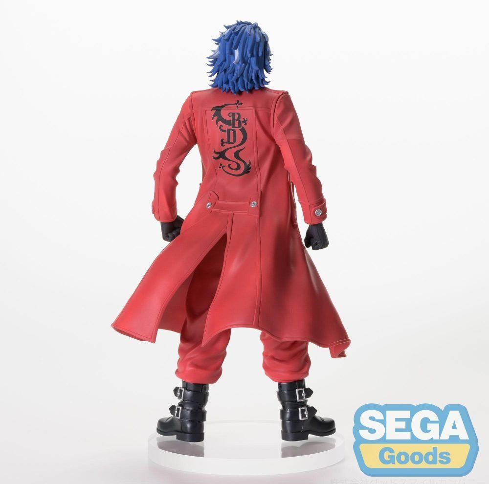 Character figure with blue hair and long red coat, viewed from behind, showing a black dragon logo
