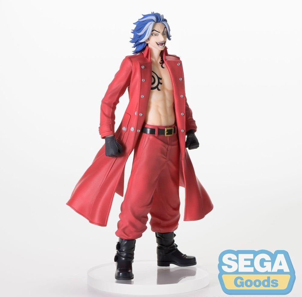 Anime figure: Grinning character with blue hair in a long, unbuttoned red coat, revealing a chest tattoo