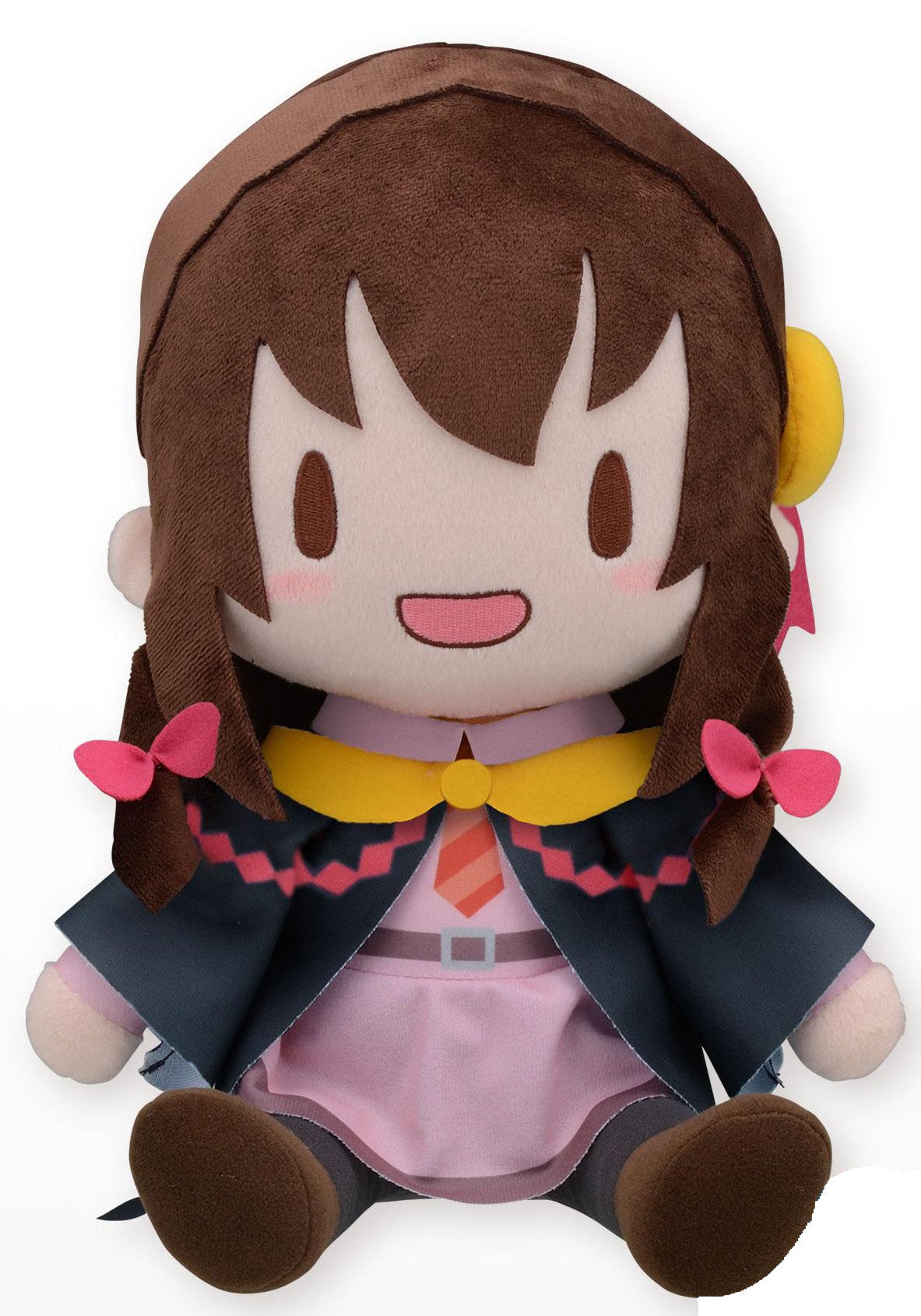 Brown-haired figure with pink dress blue cape with zig-zag trim and pink ribbon bows on hair
