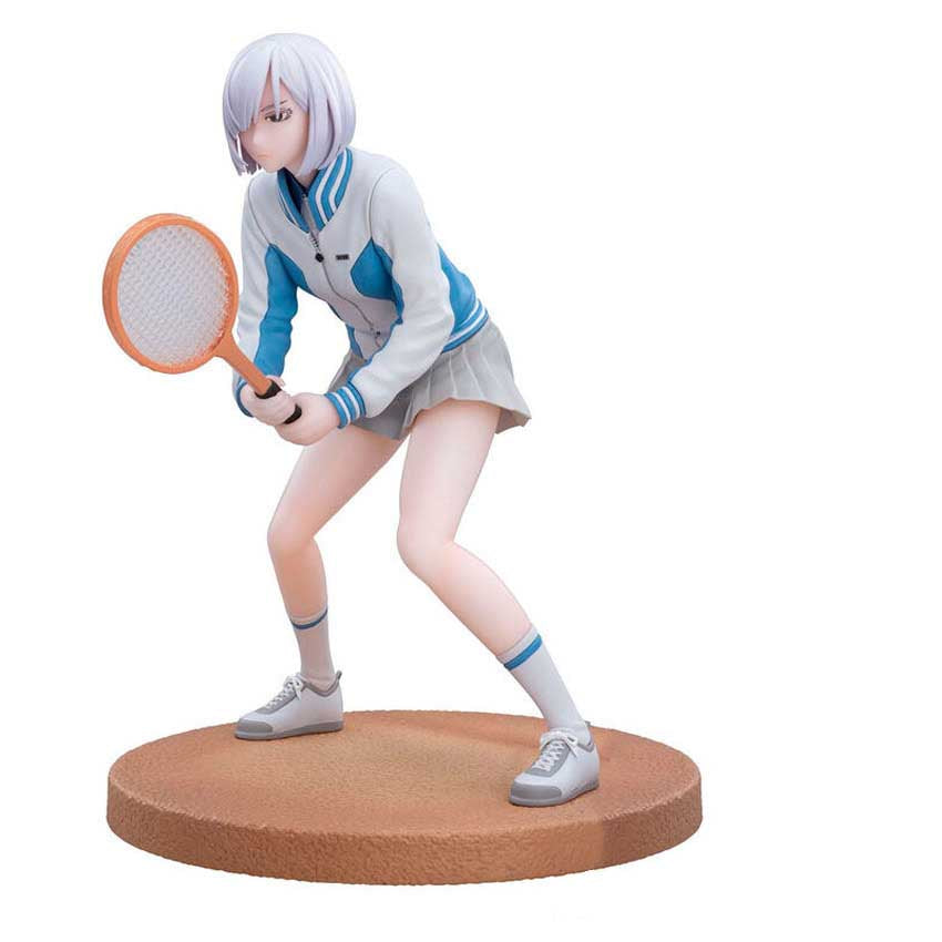 Spy Family Luminasta TV anime Fiona Frost tennis figure white and blue jacket gray skirt holding racket in ready stance