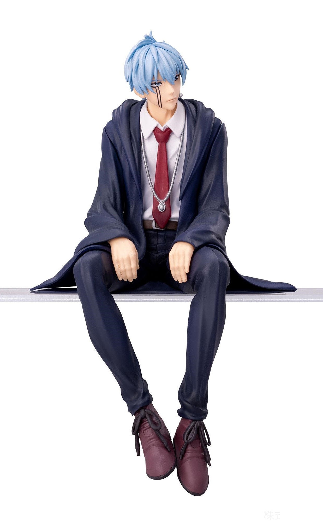 Lance Crown anime figure in a dark suit and cloak sits on a ledge wearing a red tie and maroon shoes