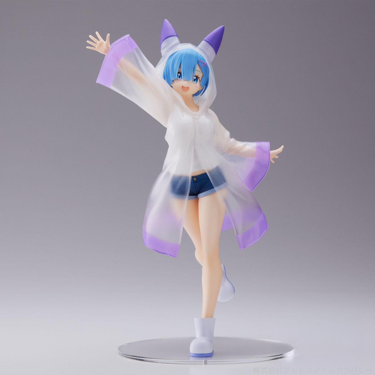 ReZero Luminasta figure of Rem in a clear raincoat with fox ears over blue denim shorts and white top posed on a clear stand