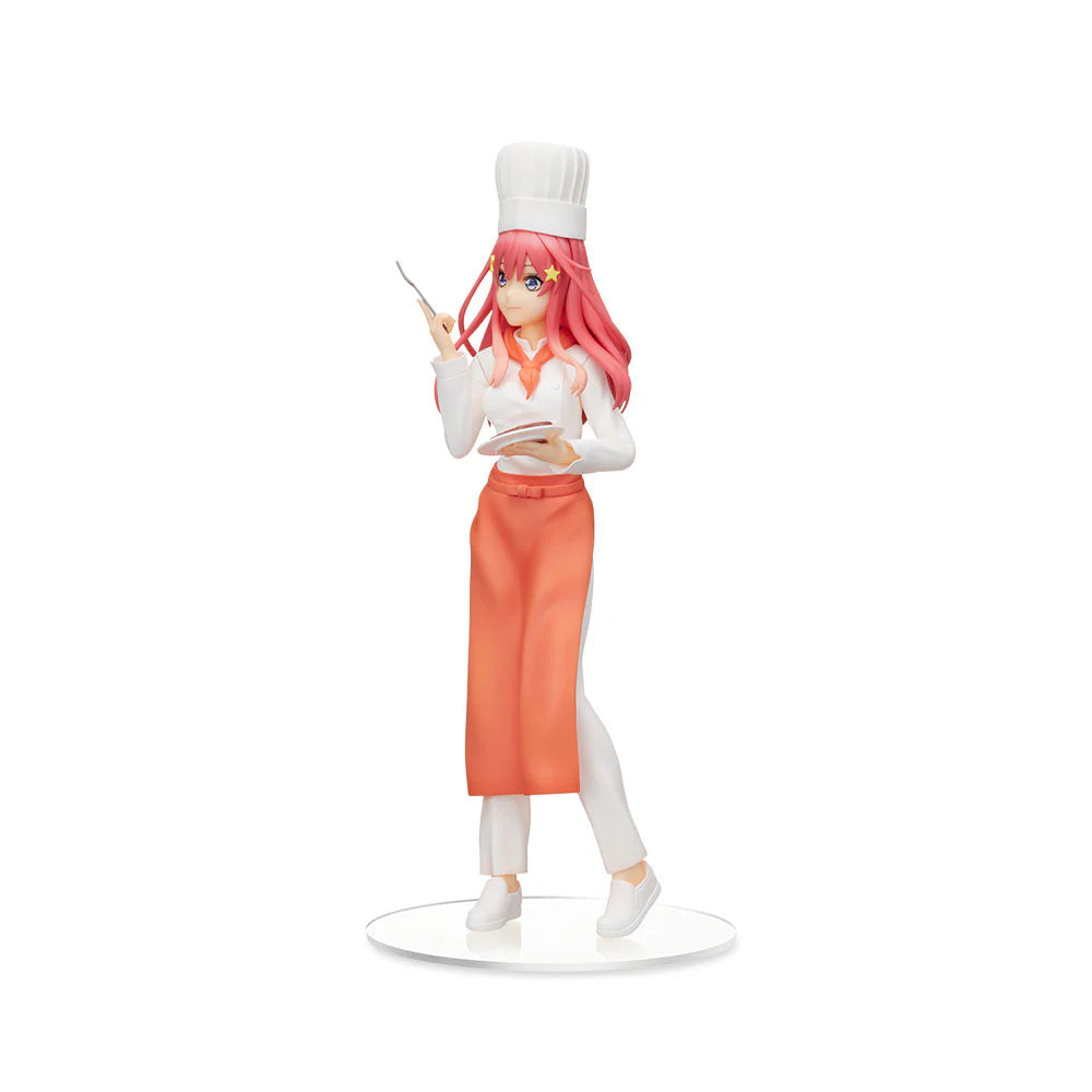 Itsuki Nakano figure from The Quintessential Quintuplets in white chef&#39;s coat and orange apron holding a plate and fork