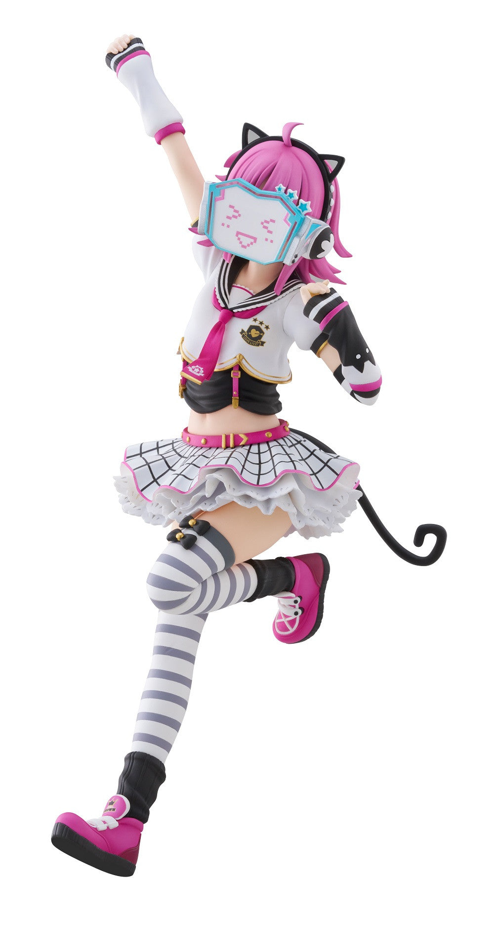 Figurine of a pink-haired girl with cat ears and a pixelated VR headset, wearing a sailor-style outfit. She's in a dynamic jumping pose with one arm raised.