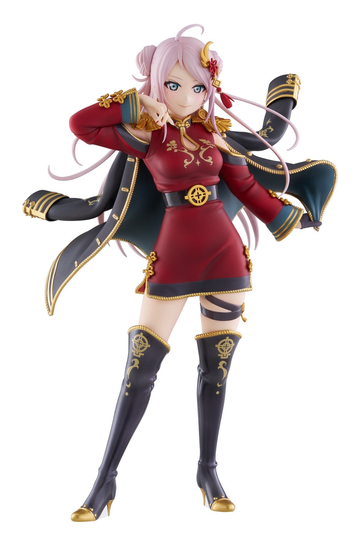 A 1/7 scale Good Smile Company Zhong Lanzhu figure in a striking red and gold cheongsam, flowing black cape with blue lining, high boots, and pink hair styled in buns, posed dynamically