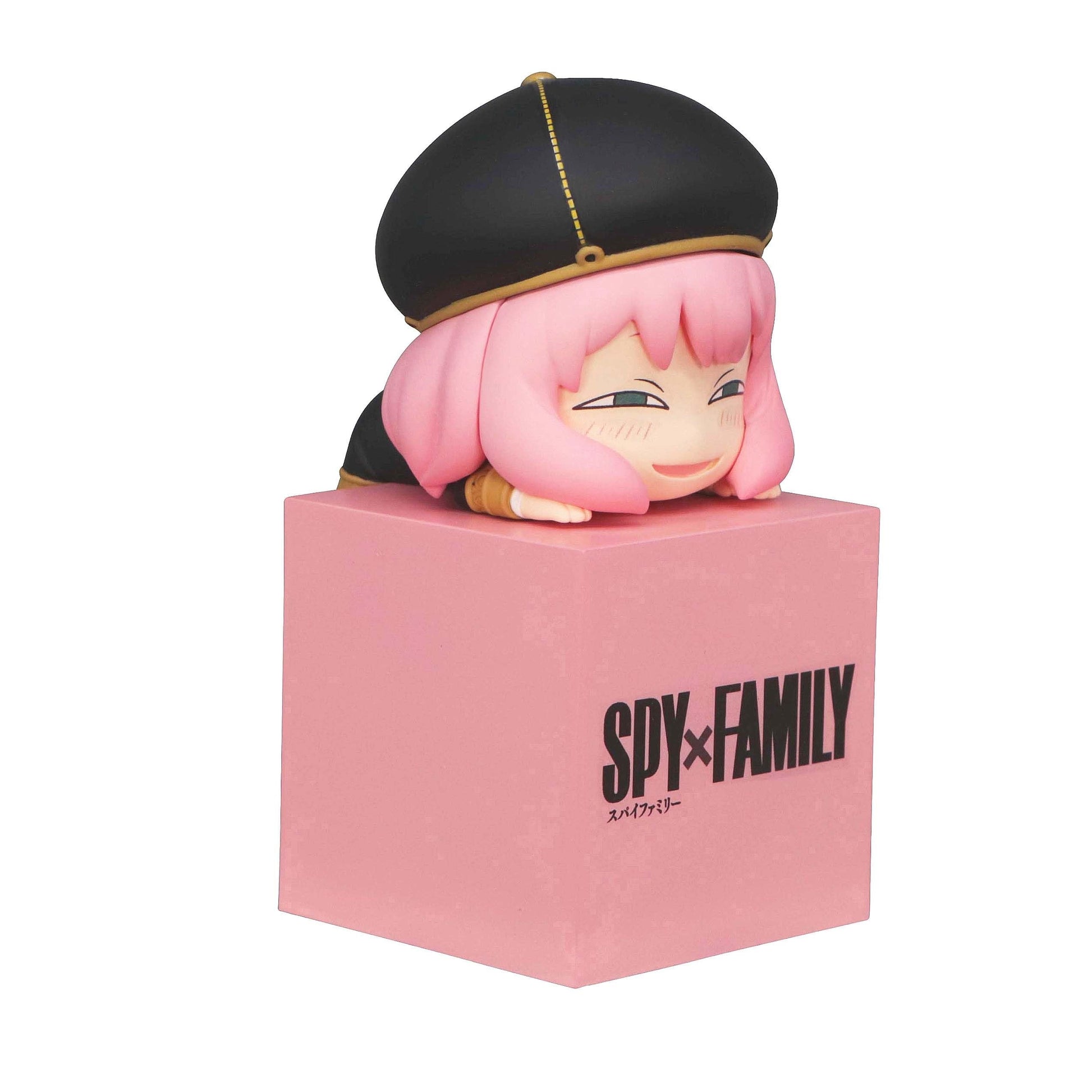 Spy x Family Hikkake Anya Forger figure on a pink cube with logo