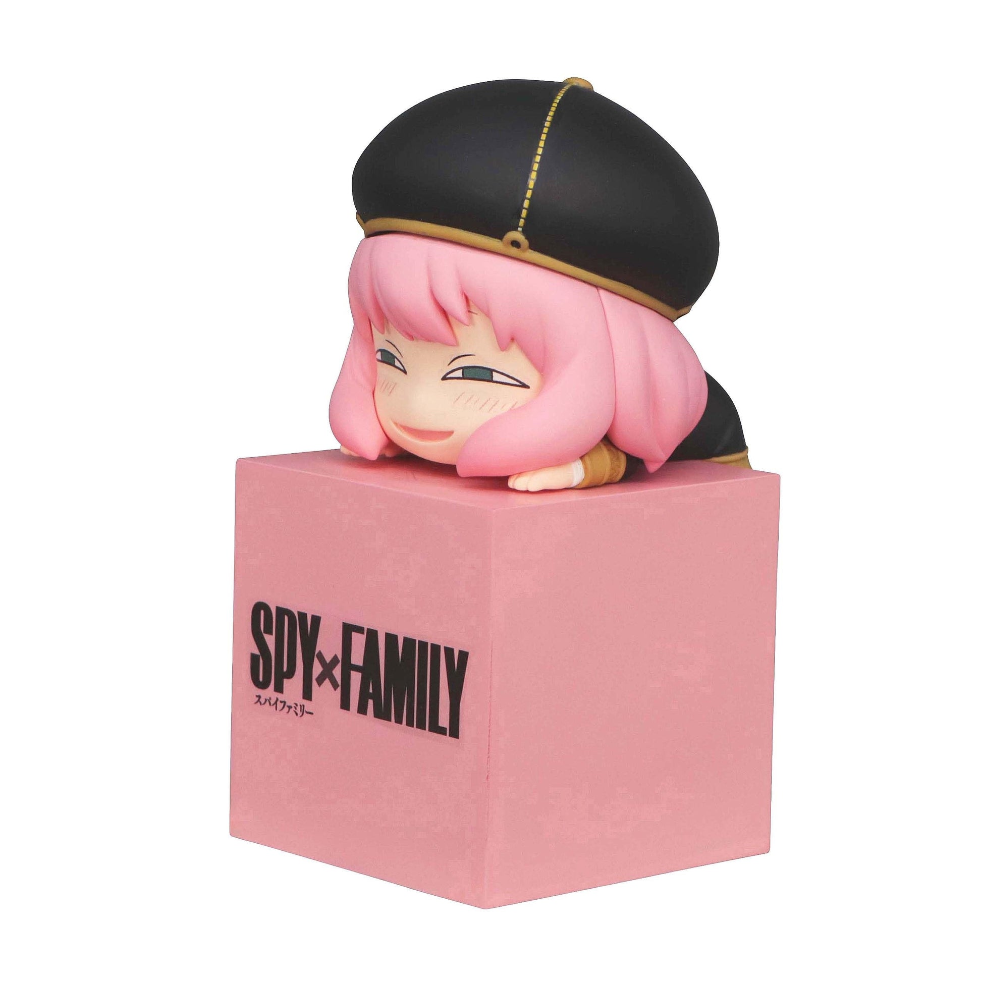 Pink Spy x Family Hikkake Anya Forger figure with black beret on a pink cube logo base