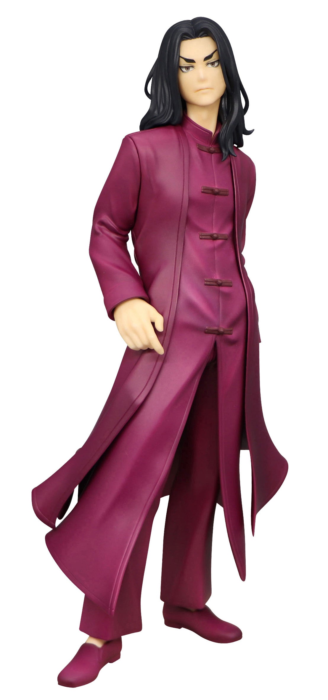 Purple figure in long coat and pants with long dark hair and tan skin