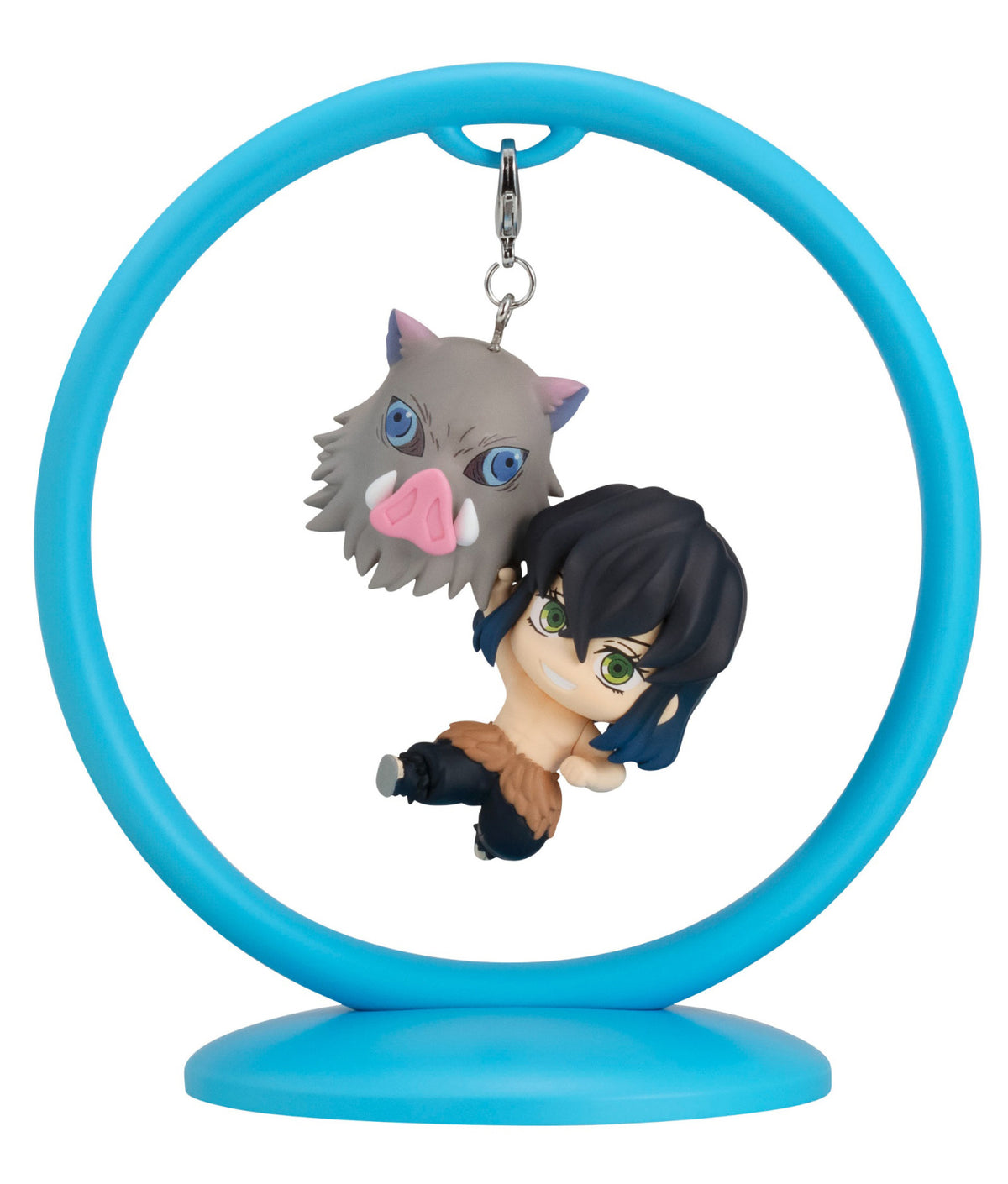 Demon Slayer Inosuke Hashibira chibi figure hanging from a blue ring stand with a boar head charm beside him