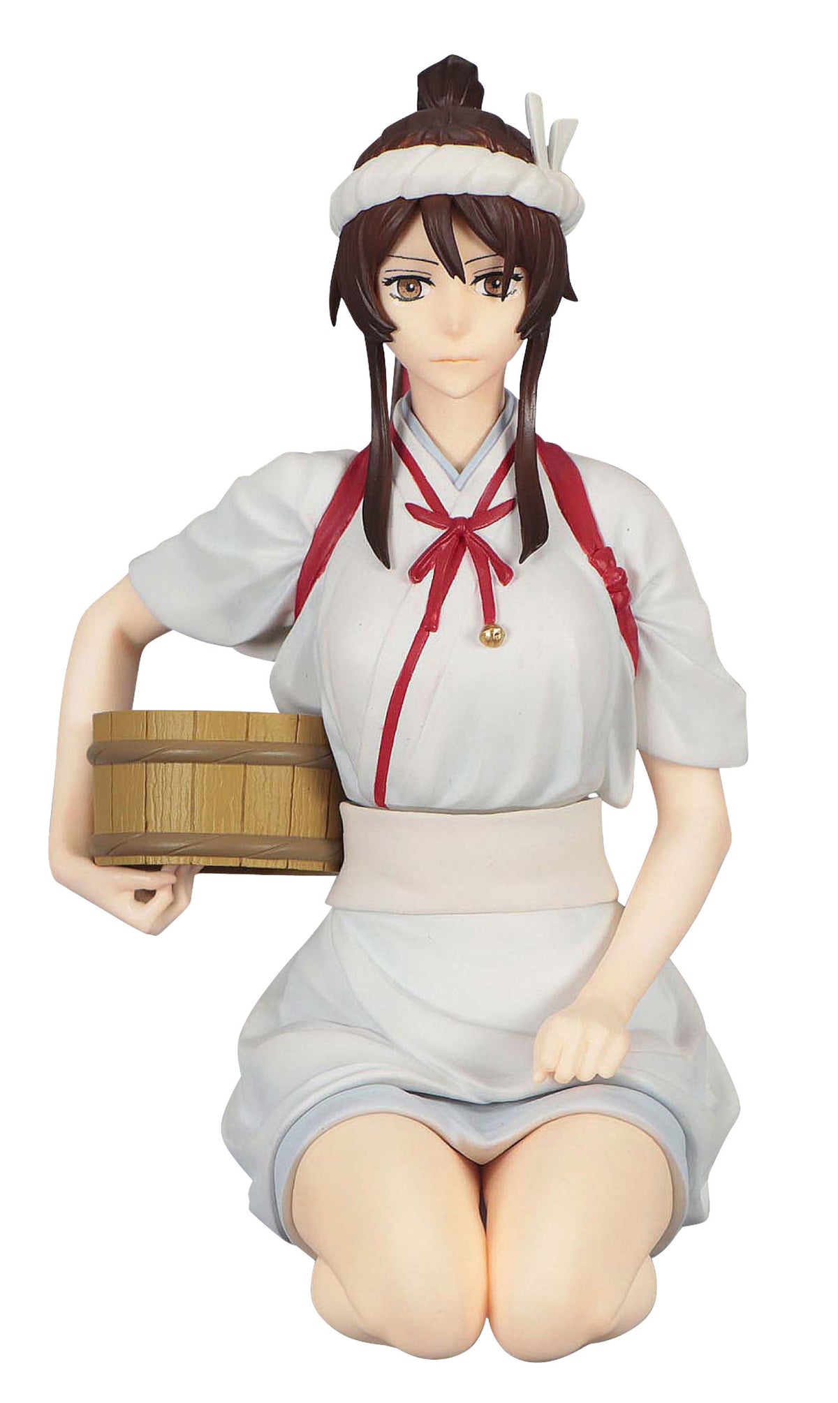 Anime figure of a young woman in a white traditional Japanese outfit with red accents holding a wooden bucket