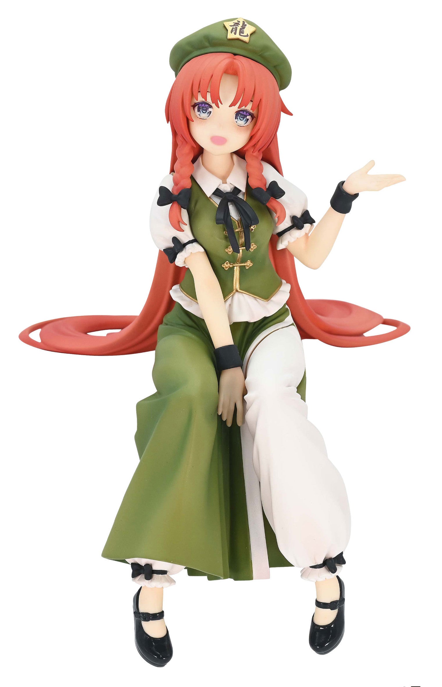 Hong Meiling Figure with green hat vest and long skirt seated with hand raised