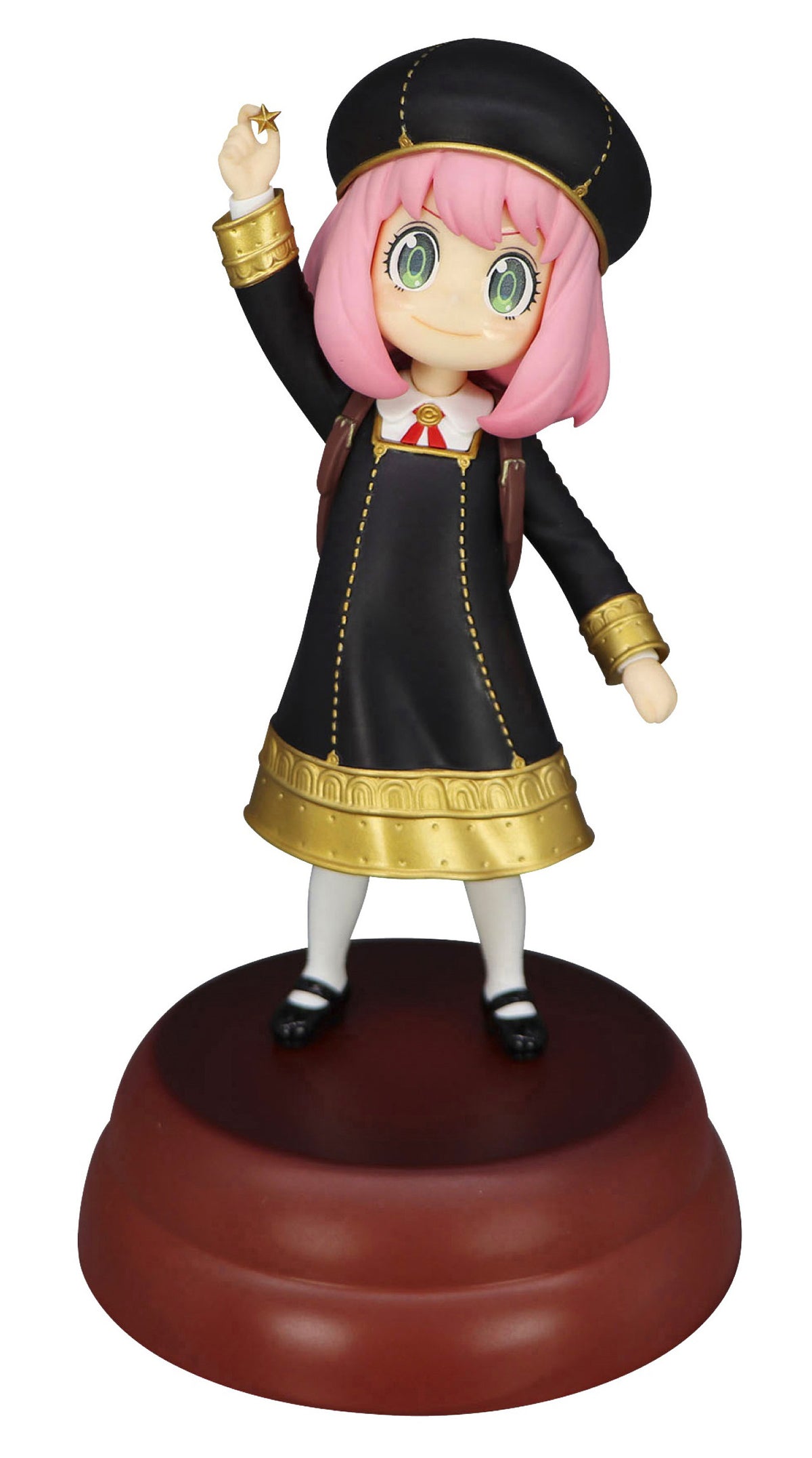Anya Forger anime figure from Spy x Family wearing a black uniform and beret and holding a star emblem