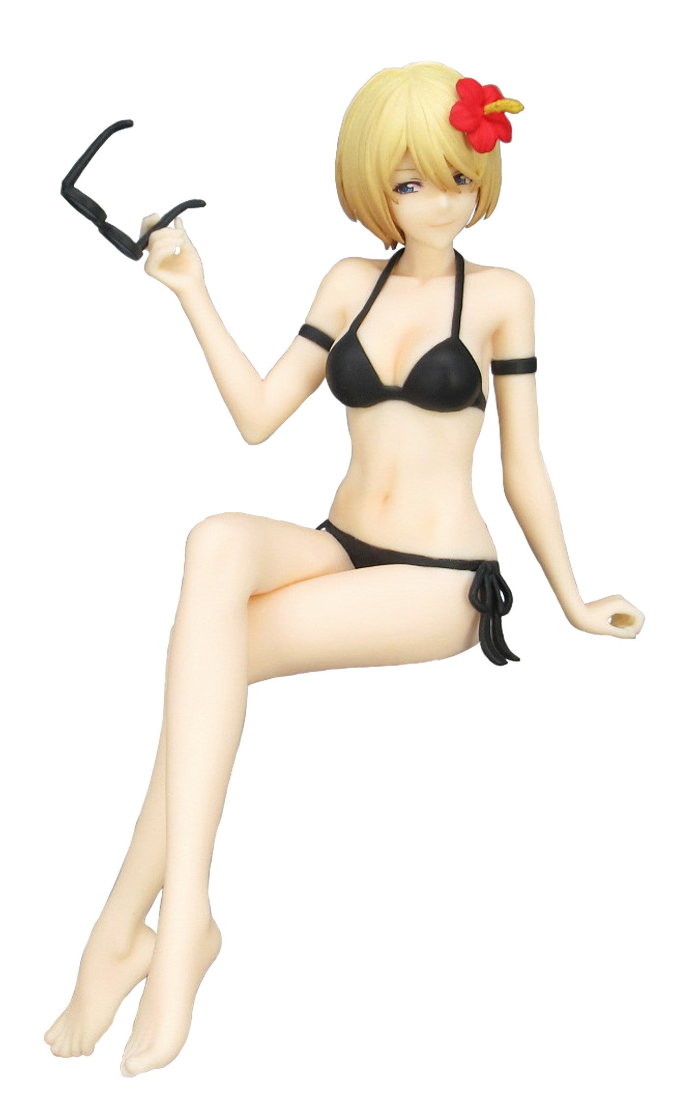 Blonde anime figure in black bikini holding sunglasses