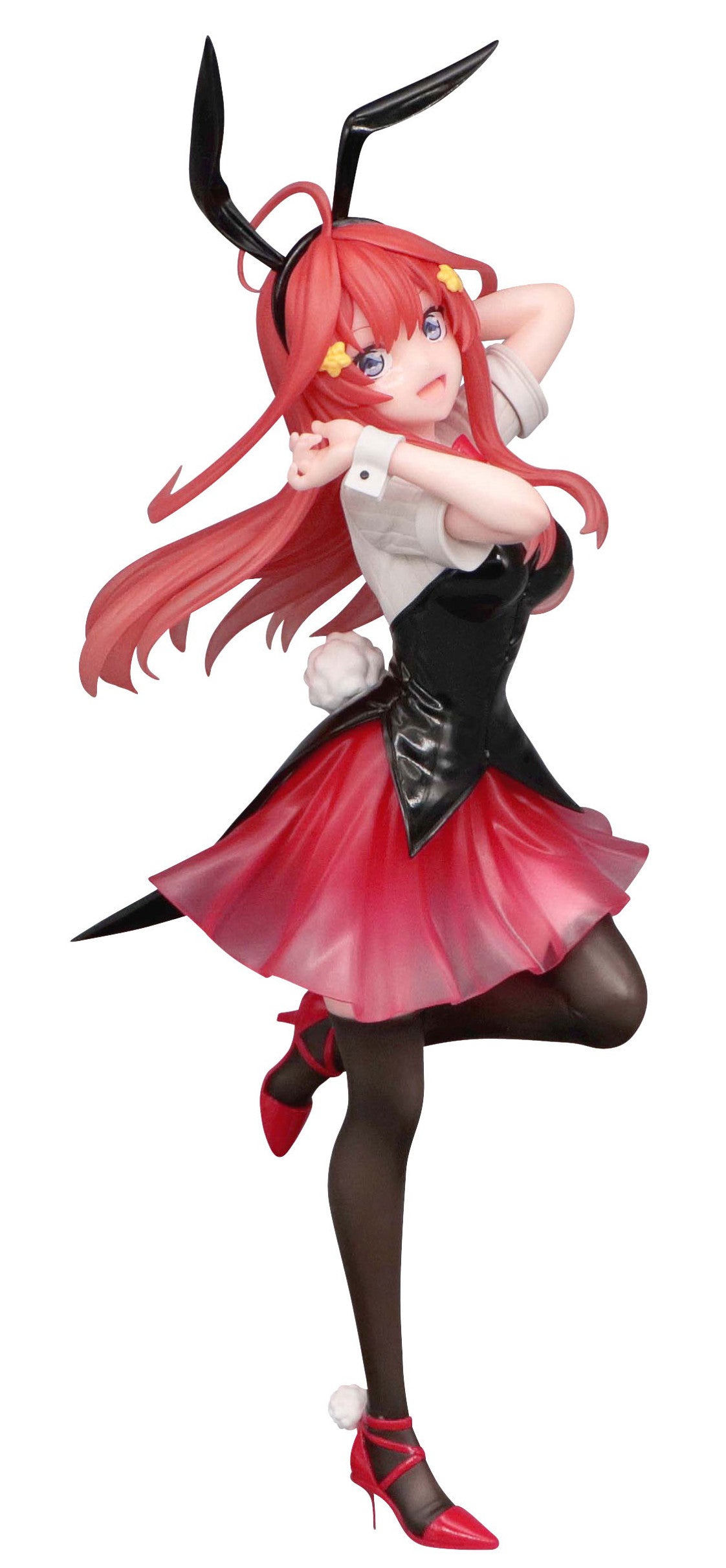 Figure of a woman with long red hair wearing a white collared shirt under a black corset and a red mini skirt with black bunny ears a white bunny tail black on white backgrond
