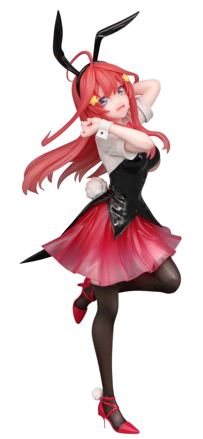 Figure of a woman with long red hair wearing a white collared shirt under a black corset and a red mini skirt with black bunny ears a white bunny tail black on white backgrond