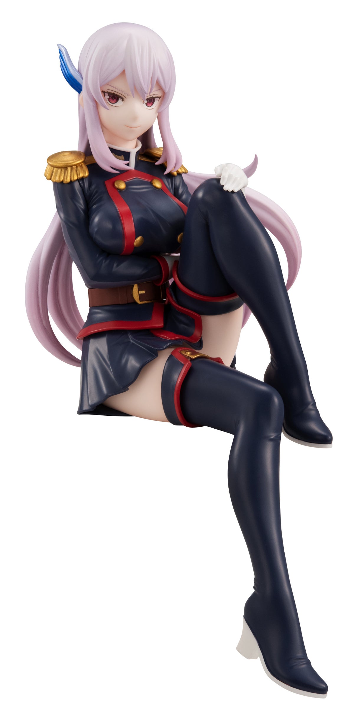 Figure of a woman with long lavender hair wearing a navy blue and red military-style uniform with gold epaulets