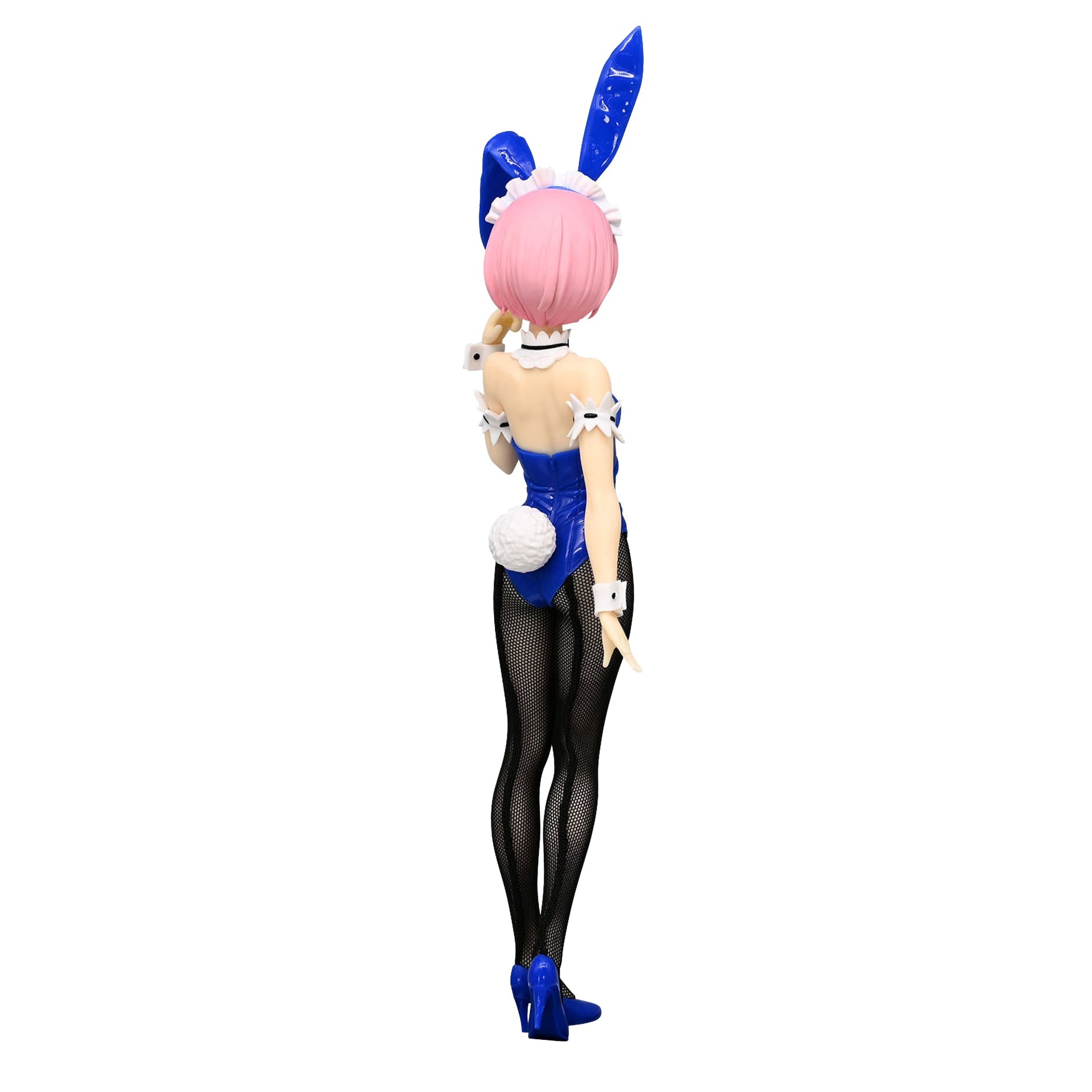 ReZero Starting Life in Another World BiCute Bunnies Ram Blue Color Version figure from the back featuring pink hair blue bunny ears bodysuit and fishnet tights