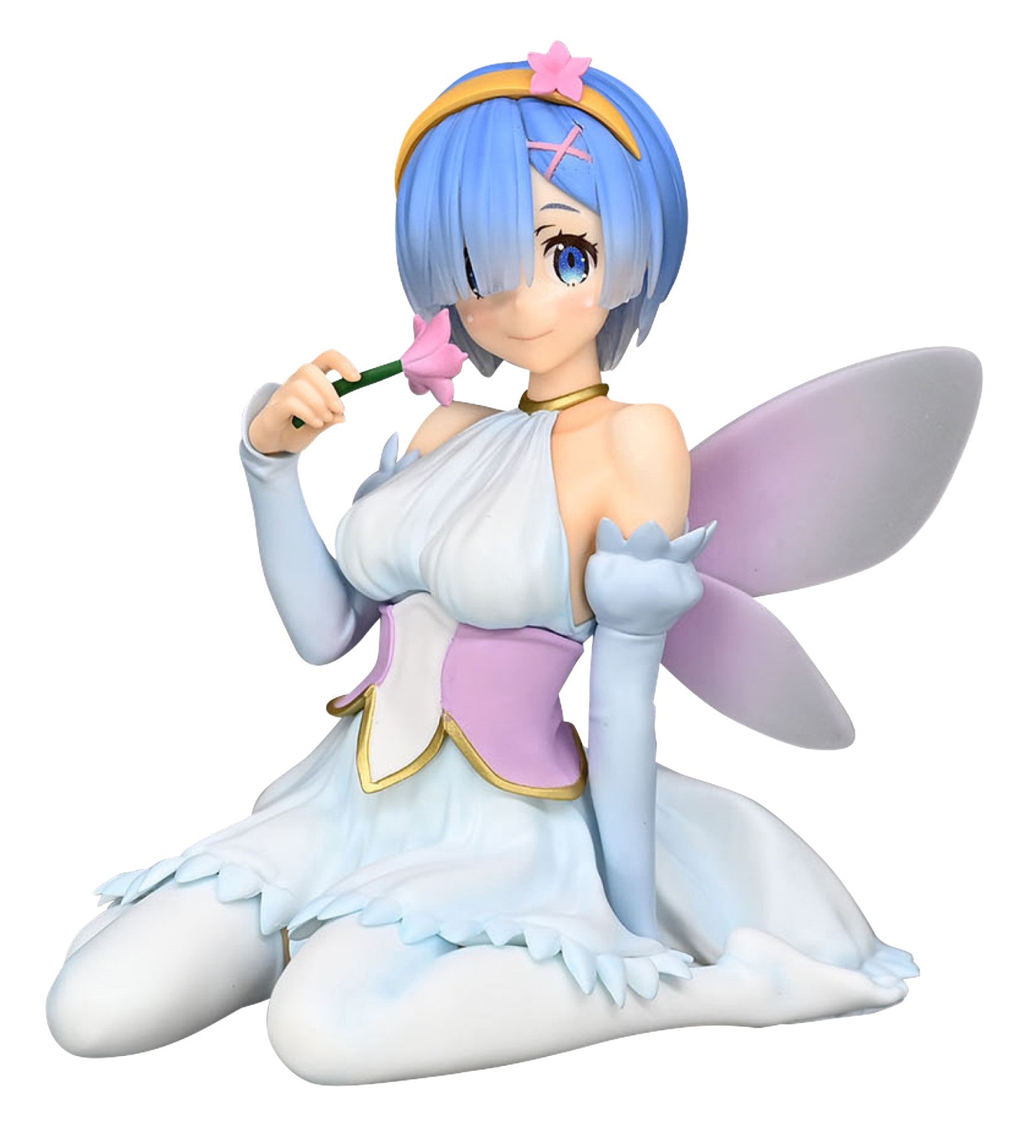 ReZero Rem Fairy figure light blue dress purple corset gold accents holding a pink flower with green stem