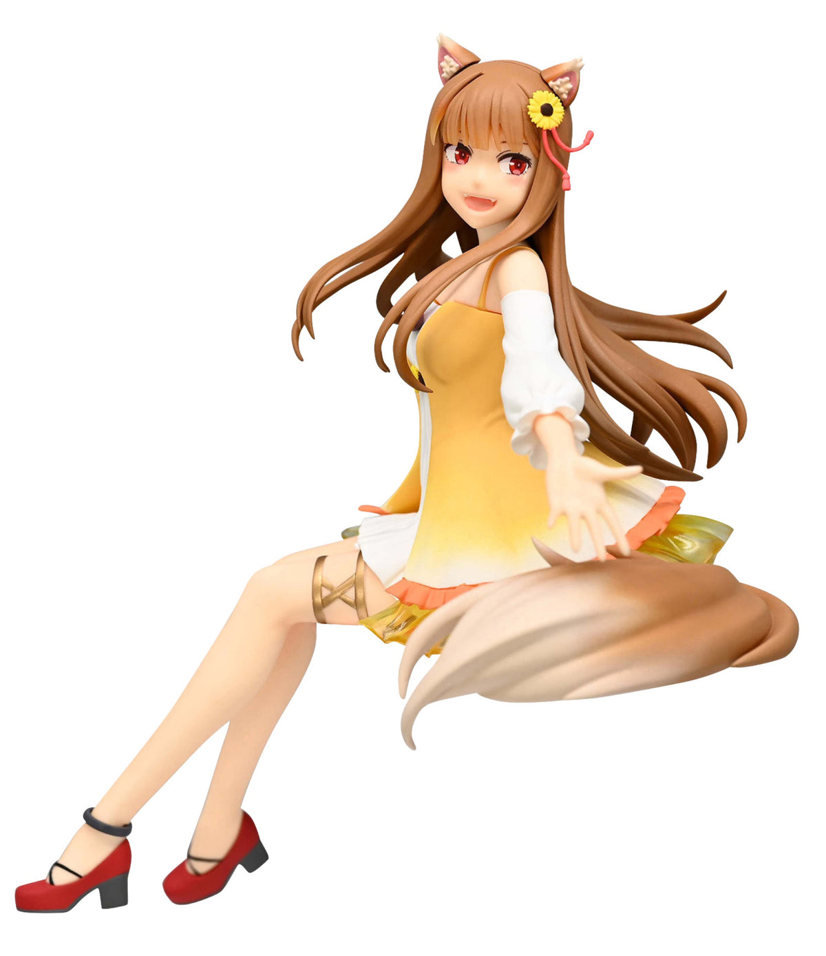 Anime figure of Holo from Spice and Wolf in a yellow layered dress with a sunflower in her hair sitting