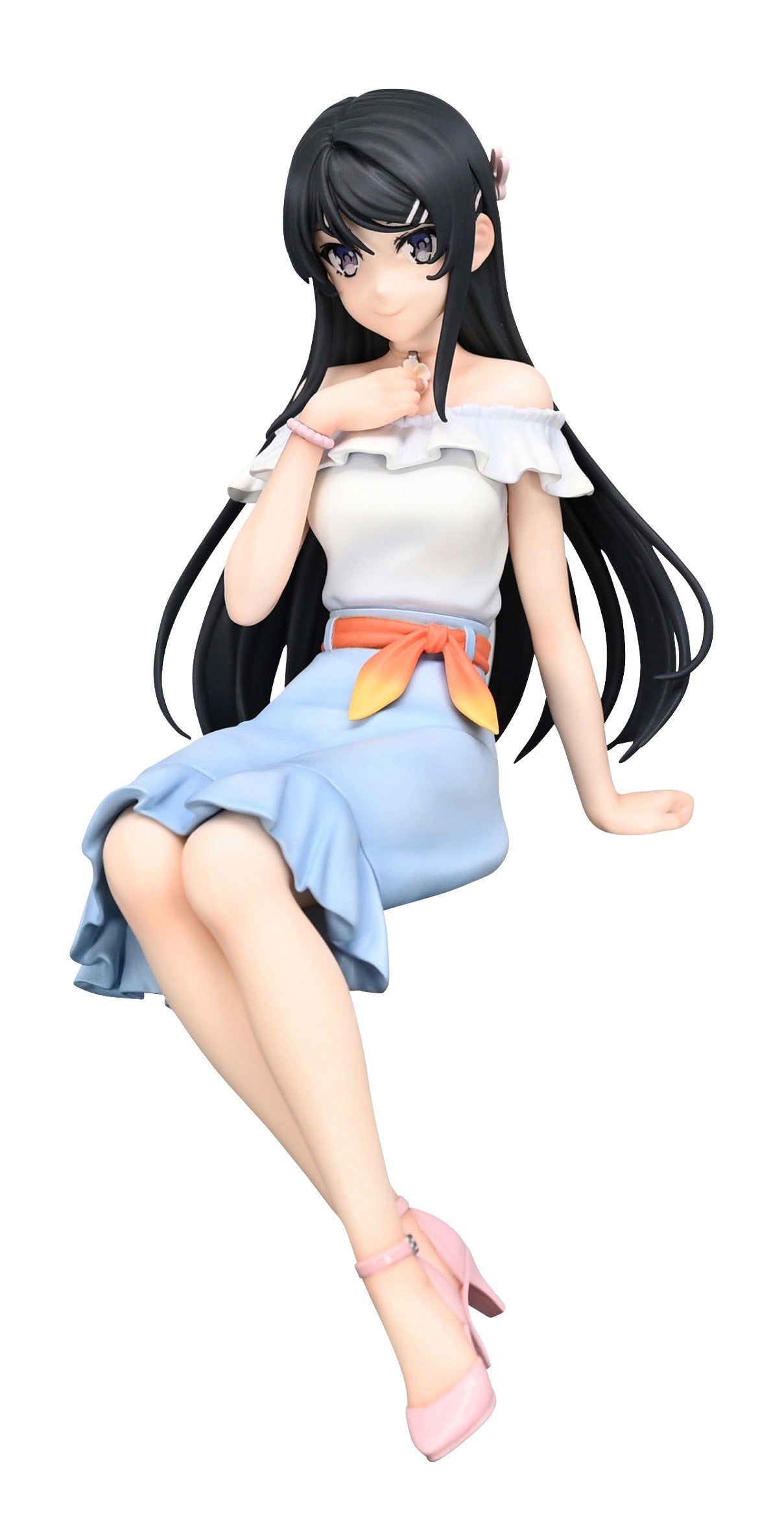 Sitting figure with long black hair off-the-shoulder white top blue pleated skirt orange belt and pink heels