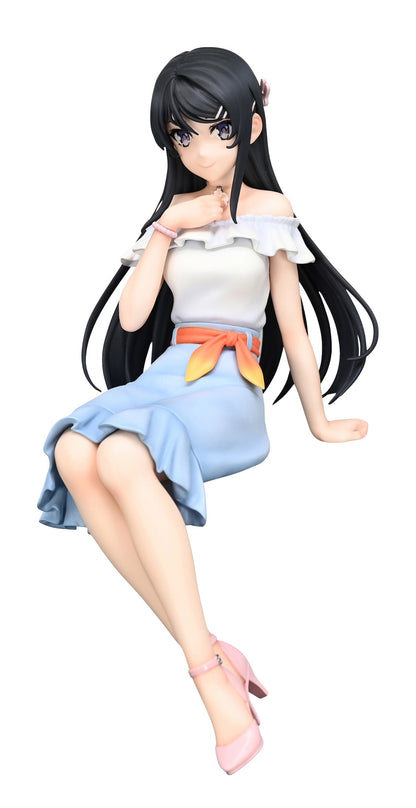 Sitting figure with long black hair off-the-shoulder white top blue pleated skirt orange belt and pink heels