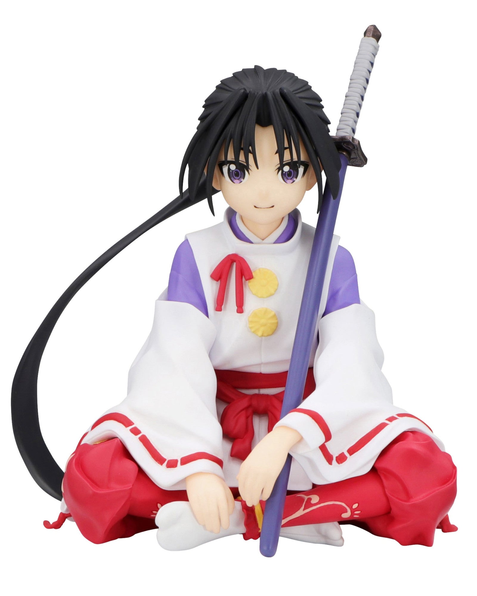 Figure in red and white kimono with sword sitting cross-legged