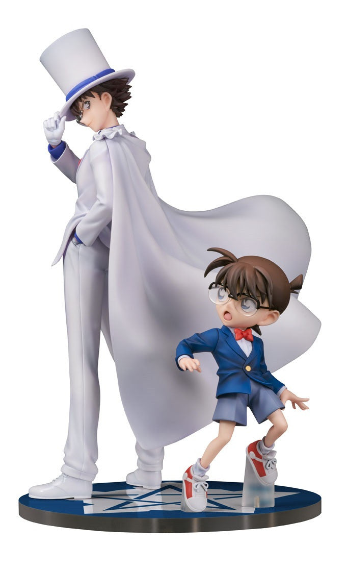 Collectible figure set: Kaito Kid in white suit and cape tips his hat, as Conan Edogawa in blue suit and glasses looks surprised