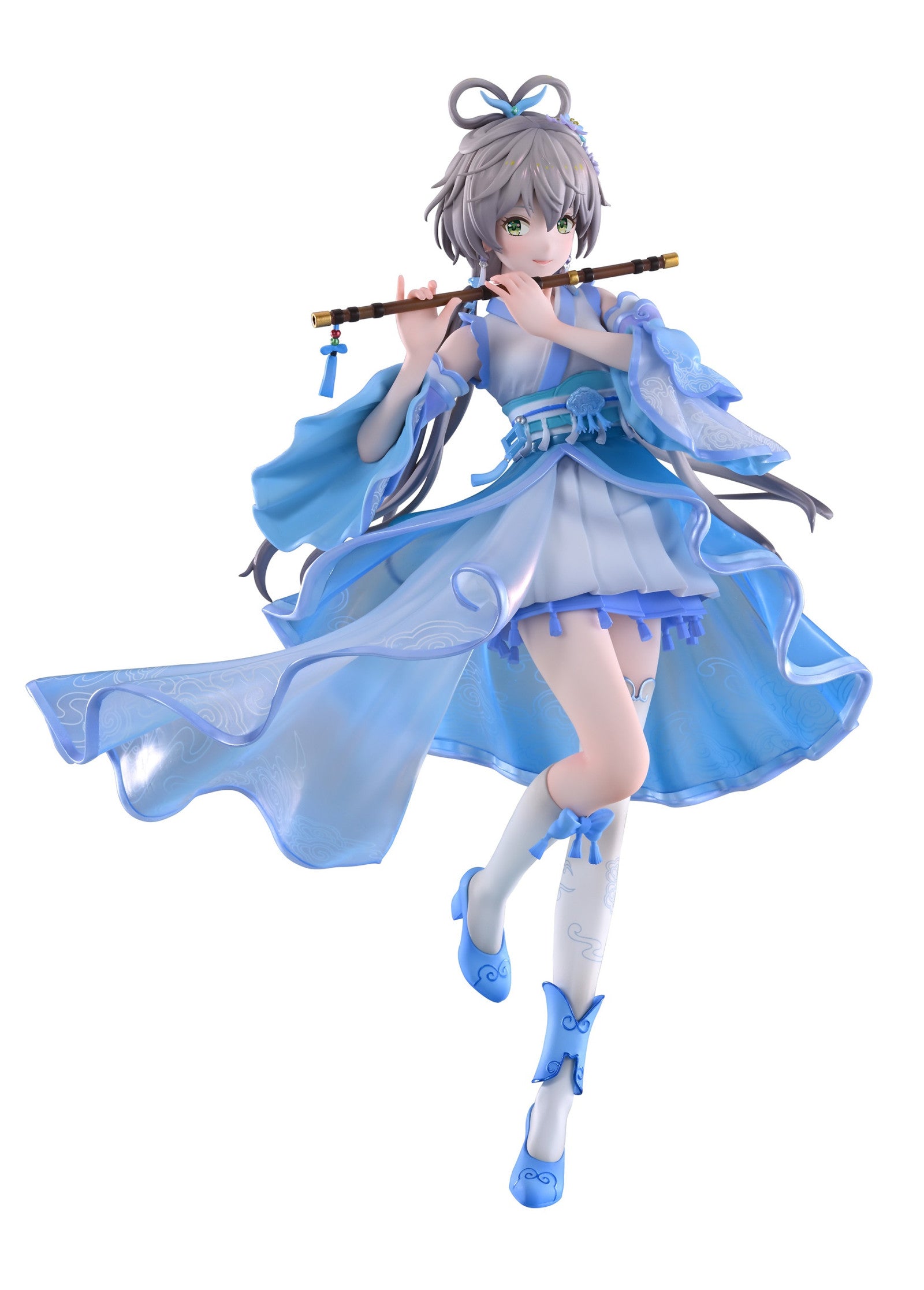 A Luo Tianyi Ge Xing Version scale figure dressed in a flowing blue and white outfit plays a flute with a gentle smile, standing on one leg