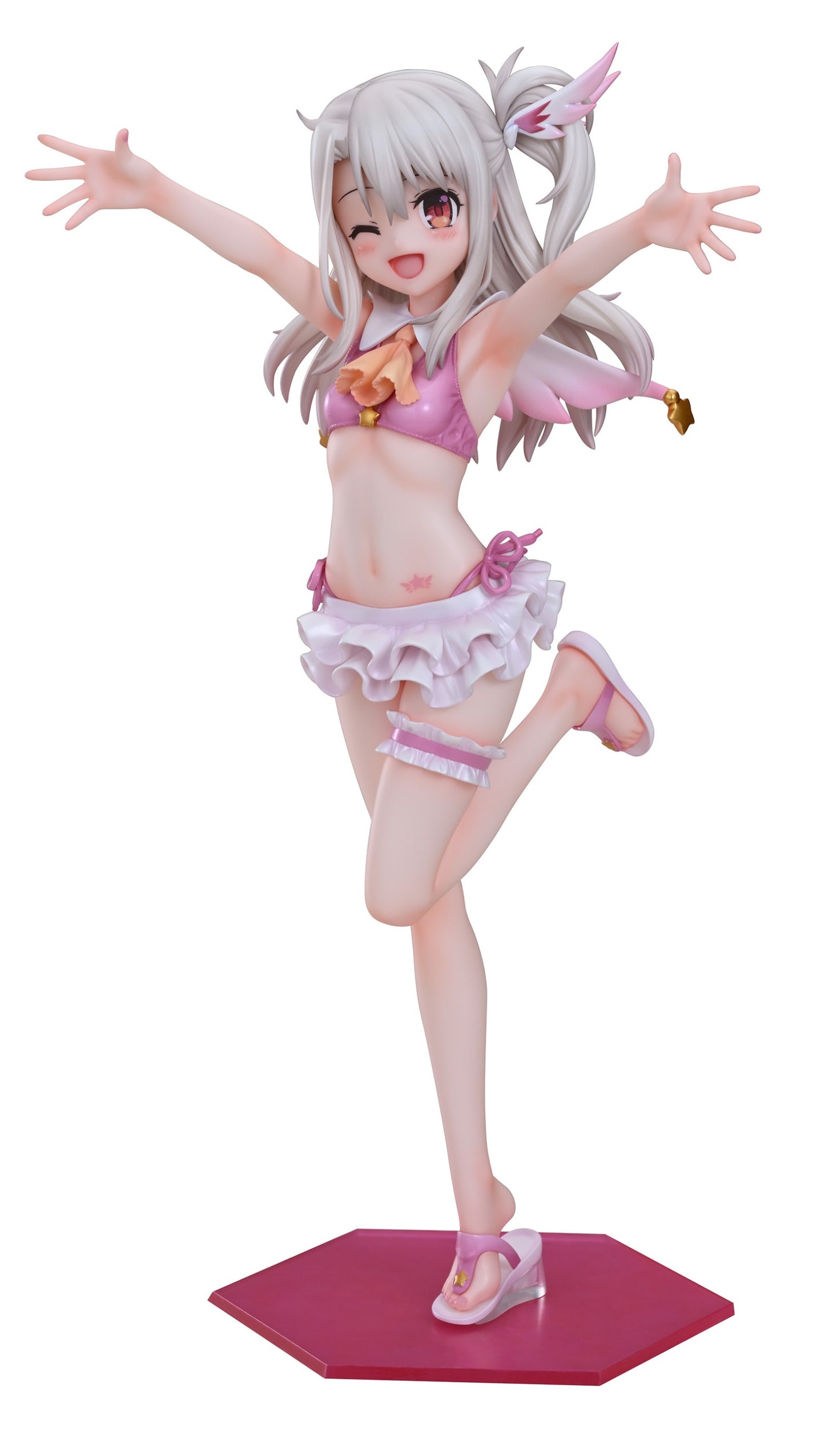 Anime figure of a silver-haired girl in a pink bikini, winking and smiling with arms wide, standing on one leg