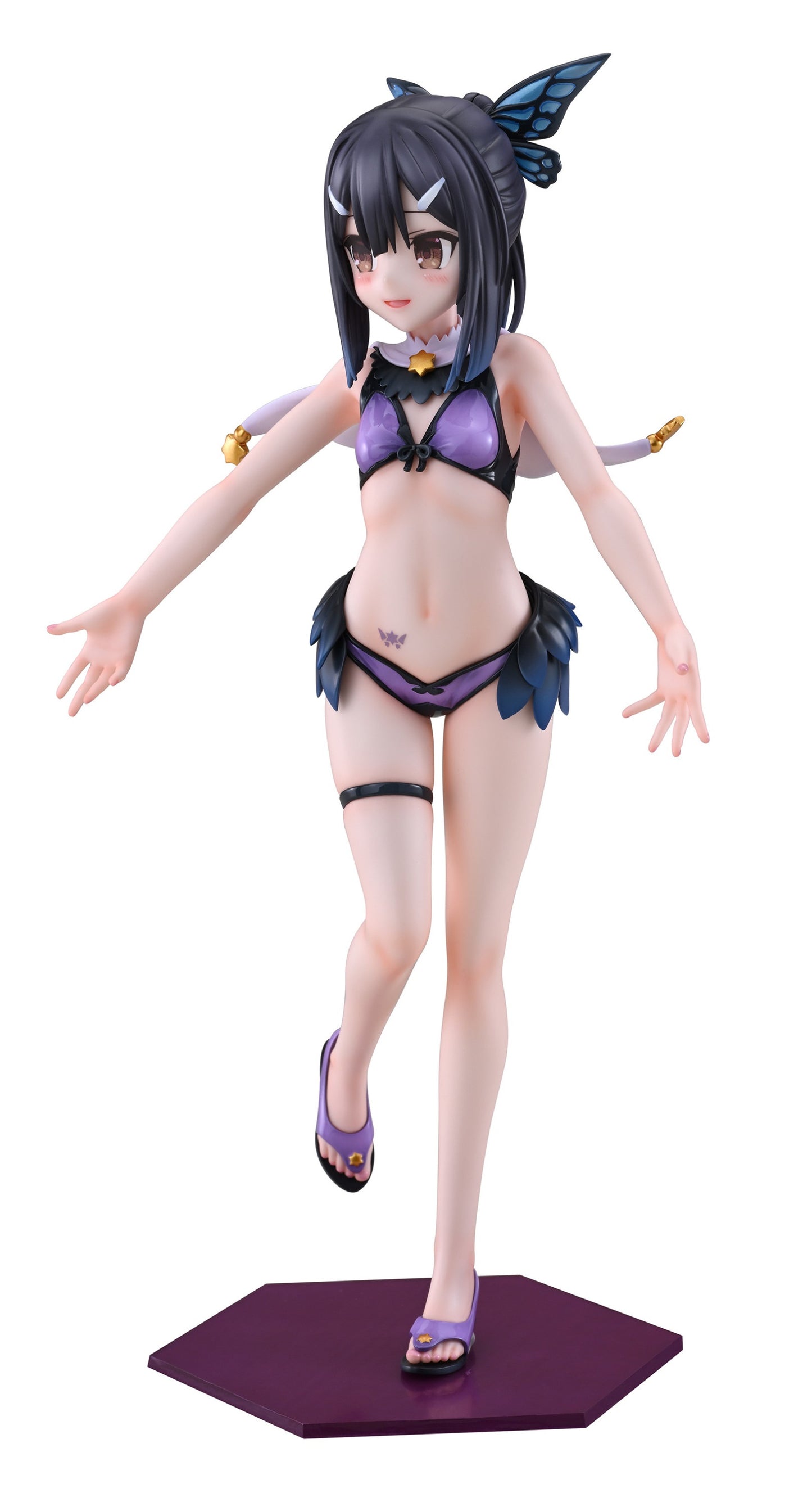 Anime-style female figurine in purple bikini with blue butterfly wings, dark hair, standing on a purple hexagonal base