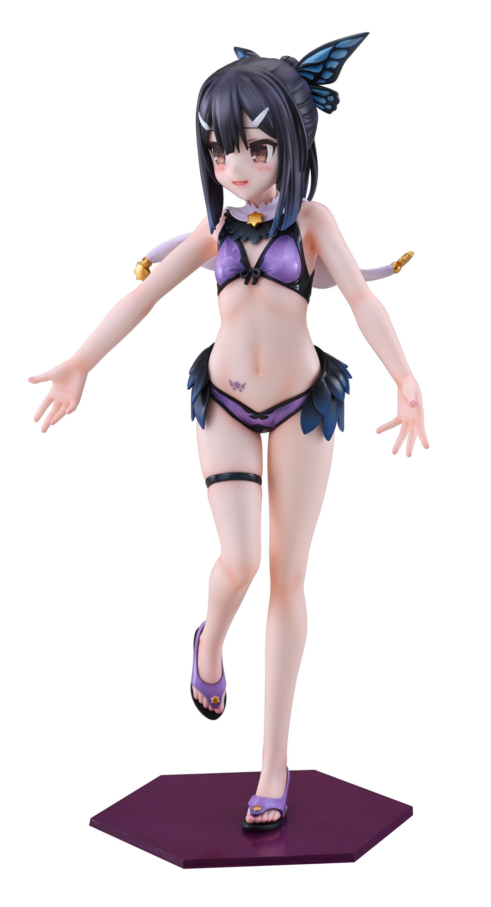 Anime-style female figurine in purple bikini with blue butterfly wings, dark hair, standing on a purple hexagonal base