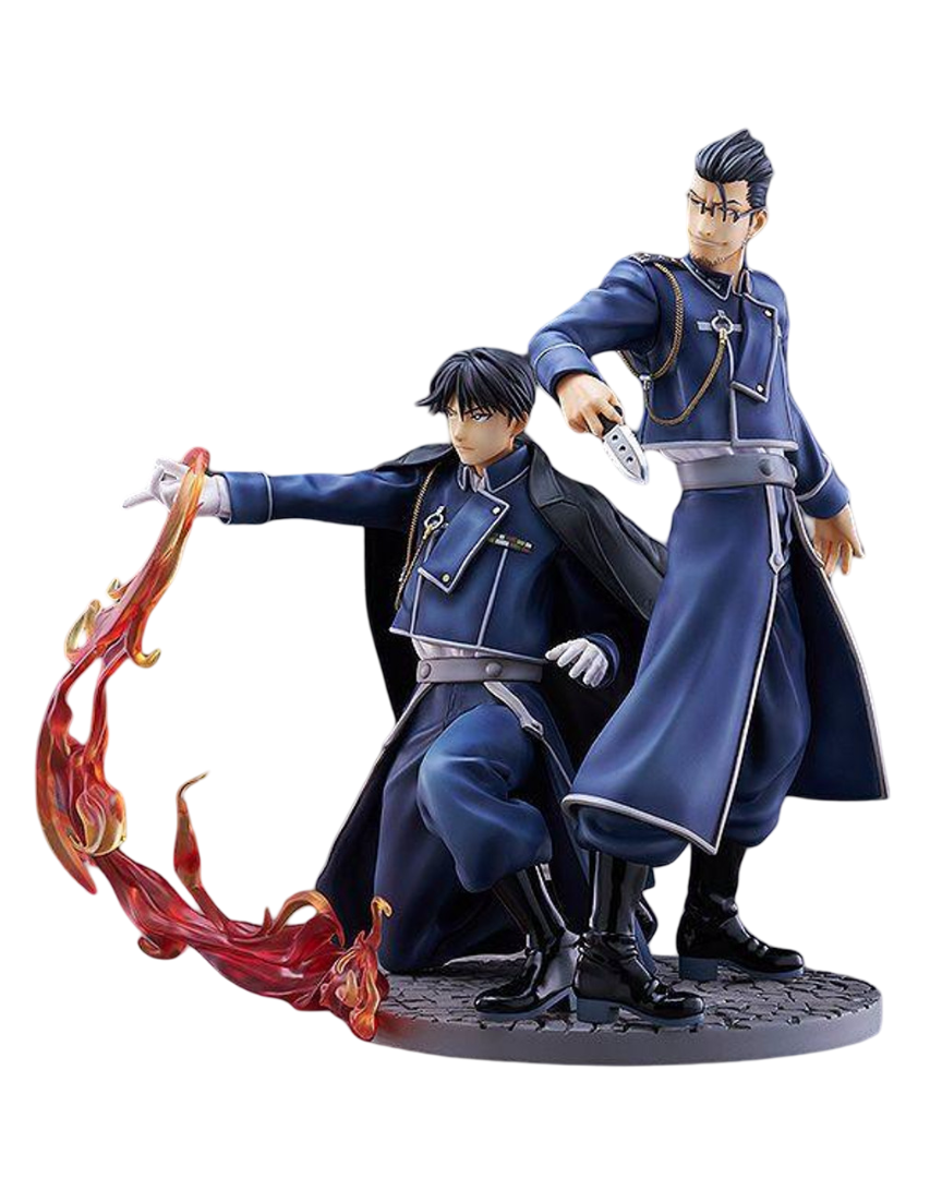 Fullmetal Alchemist Brotherhood Roy Mustang figure pointing with flame effect and Maes Hughes figure smiling and holding a knife beside him