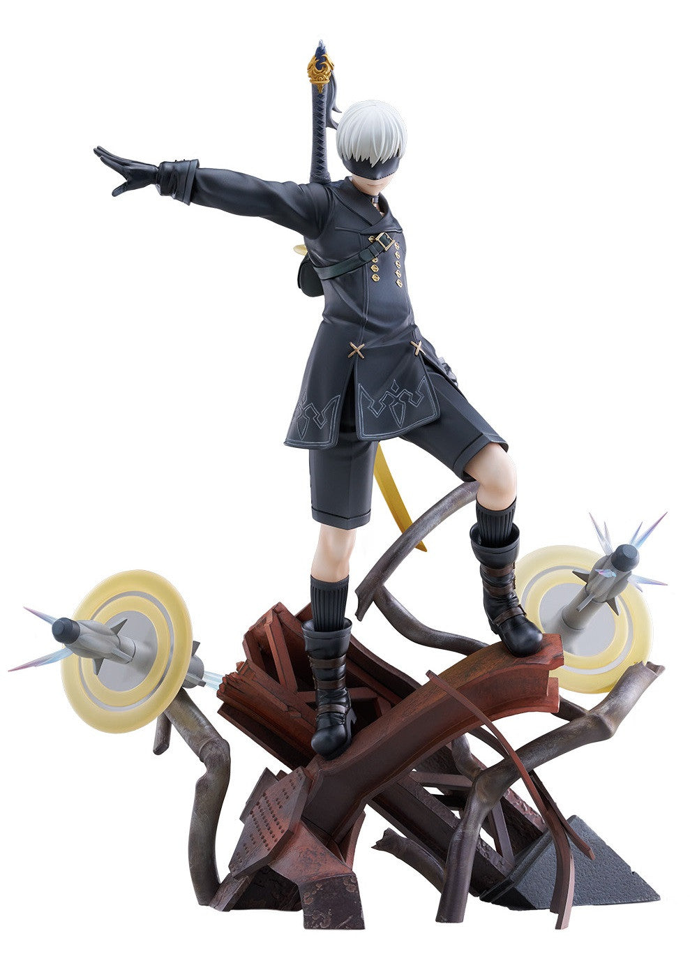 Nier: Automata 9S figure with white hair and blindfold, standing on a ruined base, arm outstretched, sword on back, and two Pods